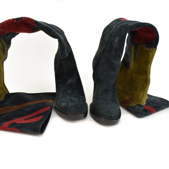 BURBERRY Prorsum: Navy Blue, Patchwork "Allison" Over The Knee Boots - Picture 4 of 10